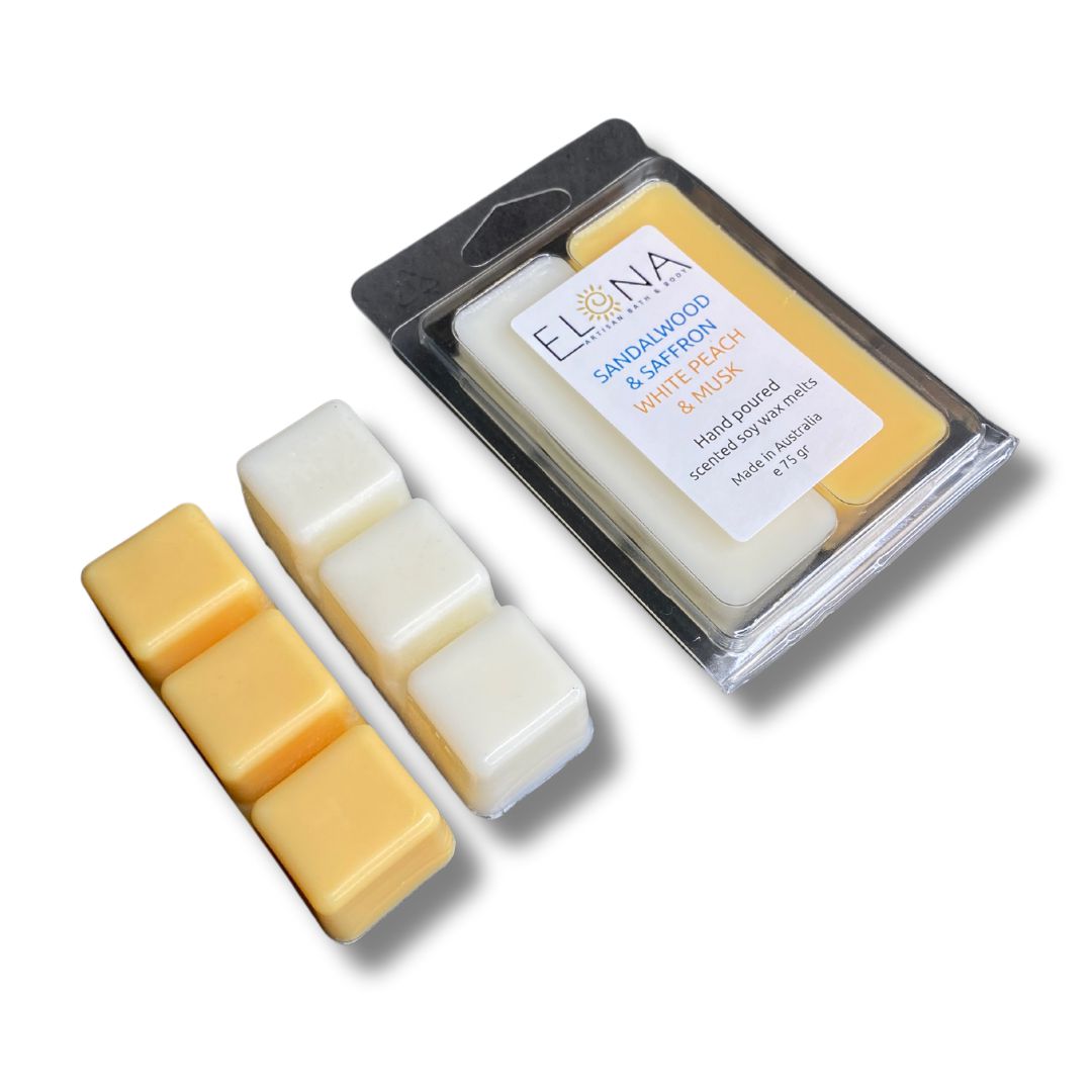 Limited Edition Duo Melt - Sandalwood & Saffron, White Peach & Musk-Soy Wax Melts-Elena Bath and Body-natural-eco-friendly-pure-strong-fragrance-long-lasting-handmade-in-australia