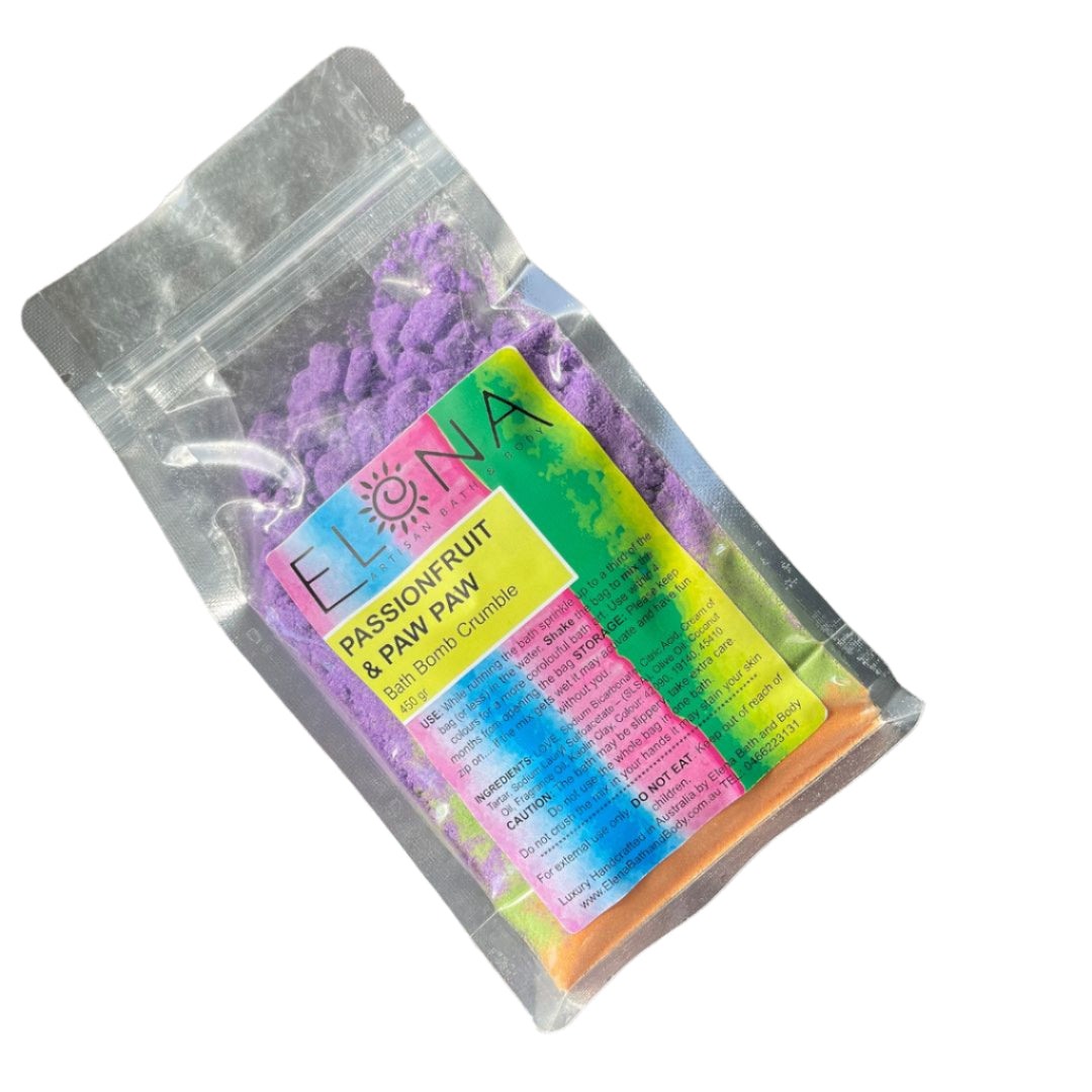 Passionfruit & Paw Paw 450gr Bath Bomb Crumble-Bath Crumble Bath Dust-Elena Bath and Body-natural-chemical-free-bath-bomb-dust-for-kids-made-in-australia