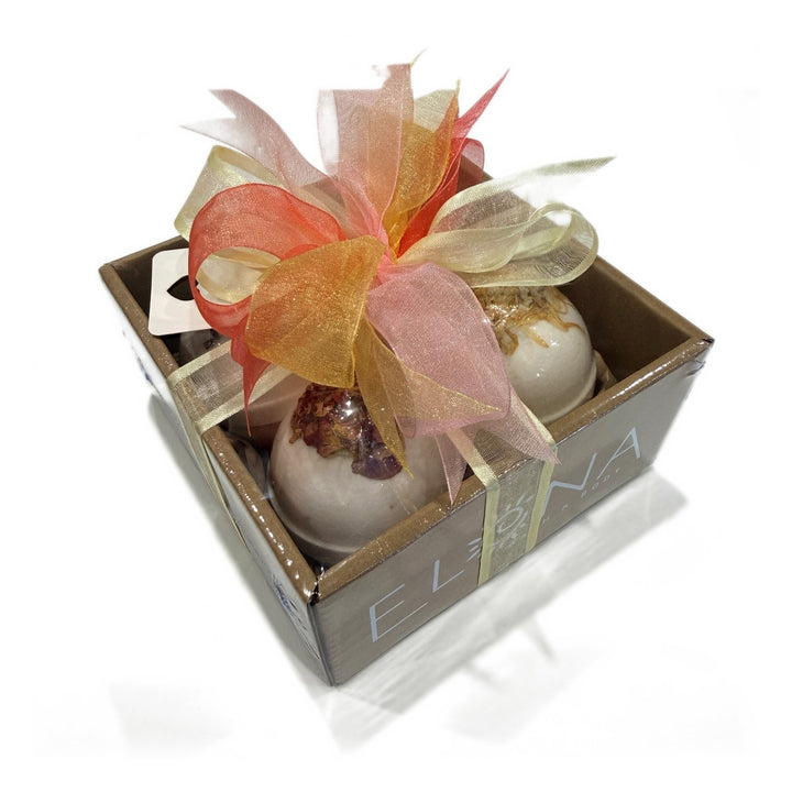 Botanical Bath Bomb Gift Box hand wrapped with organza ribbon and a gift card, Elena Bath and Body