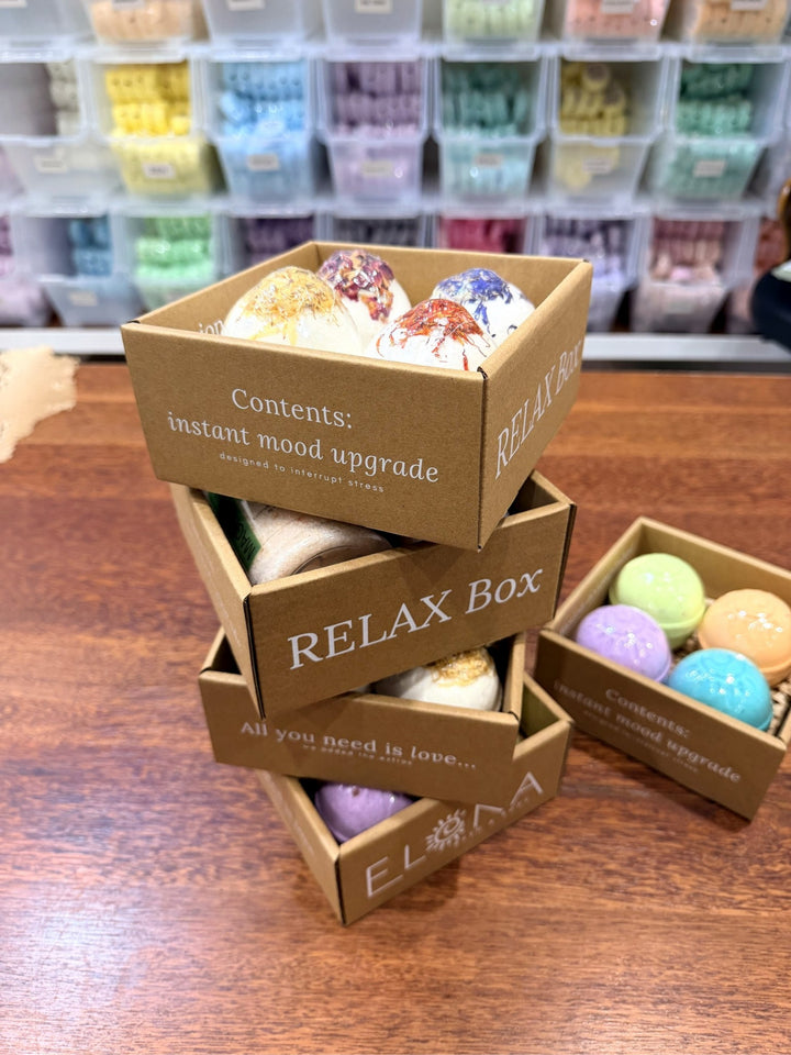 Elena Bath and Body gift boxes stacked on the shop counter in Forrestdale, Perth