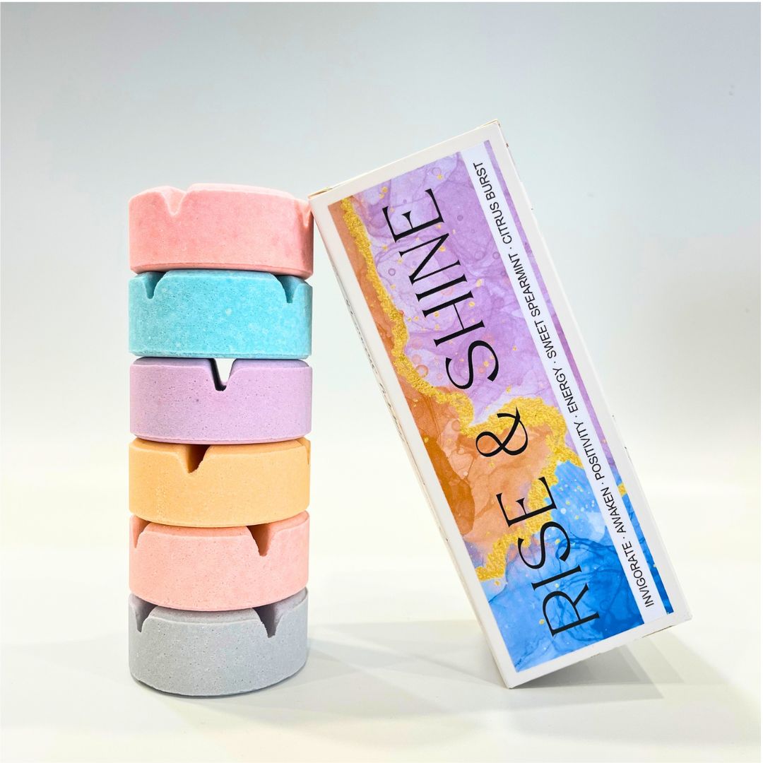 Rise & Shine morning shower steamer six pack by Elena Bath and Body, six individually wrapped aromatherapy steamers, one of each scent