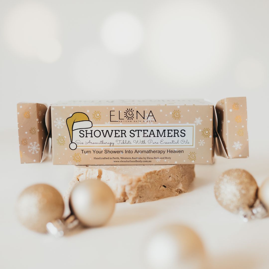 Festive Shower Steamers - Christmas Cracker 6 Pack-Aromatherapy Shower Steamers-Elena Bath and Body-aromatherapy-essential-oils-australia-menthol-sinus-relax-sleep-tablet-disc-strong-Shower-steamers-shower-bombs-shower-melts-aromatherapy-shower-tablets-shower-fizzies-shower-pods-shower-soothers-shower-discs-steam-therapy-tablets-spa-steamers-shower-aromatherapy-bombs-effervescent-shower-tablets-steam-melts-sinus-relief-tablets-decongestant-melts-energy-boost-discs-relaxation-tablets-sleep-steamers-wellness-