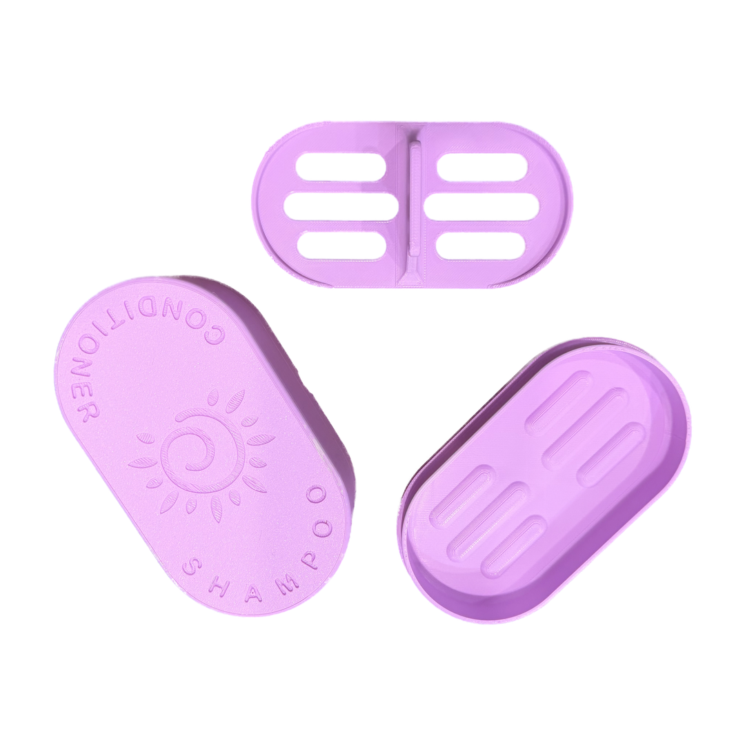 Lilac Shampoo and Conditioner Bar Travel Case shown open with the sun embossed lid, base and draining insert