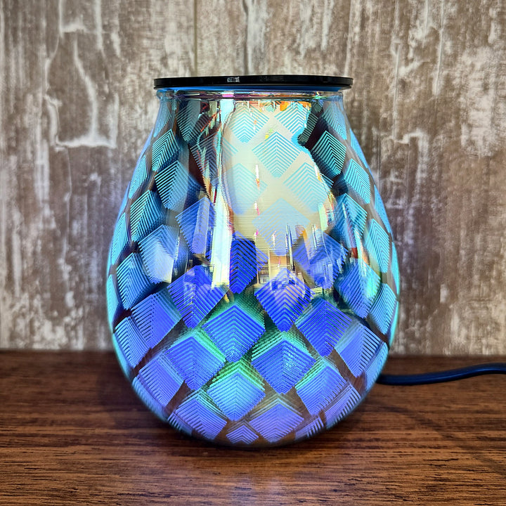 Seraphina glass wax warmer glowing blue, diamond scale pattern lit up
