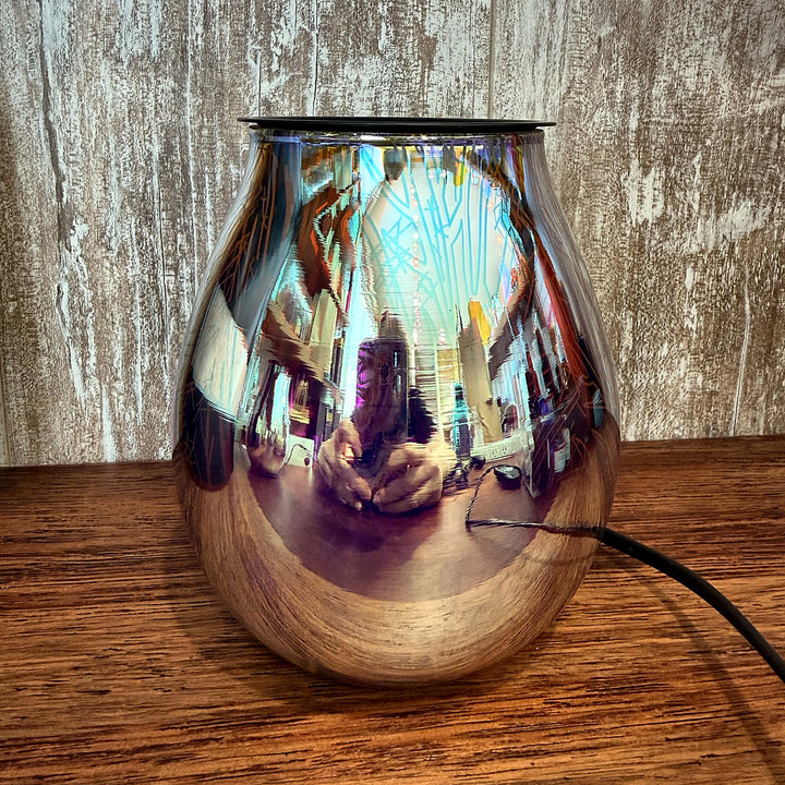Twilight glass wax warmer switched off, mirror finish reflecting the room